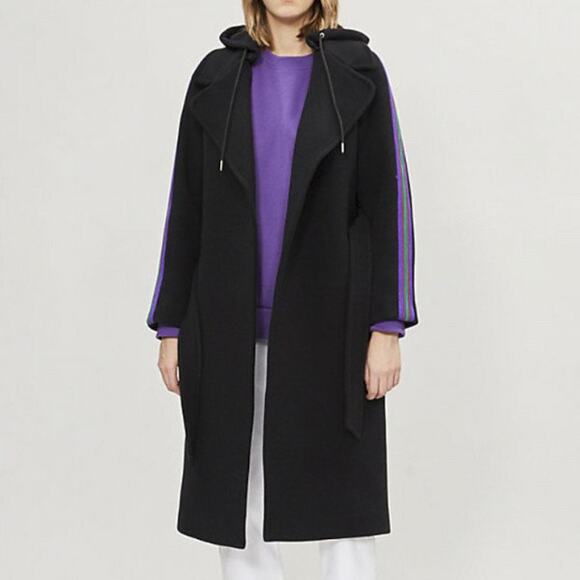 SANDRO Paris Black Wool Belted Detachable Hood Long Coat Size 40 - Picture 1 of 8